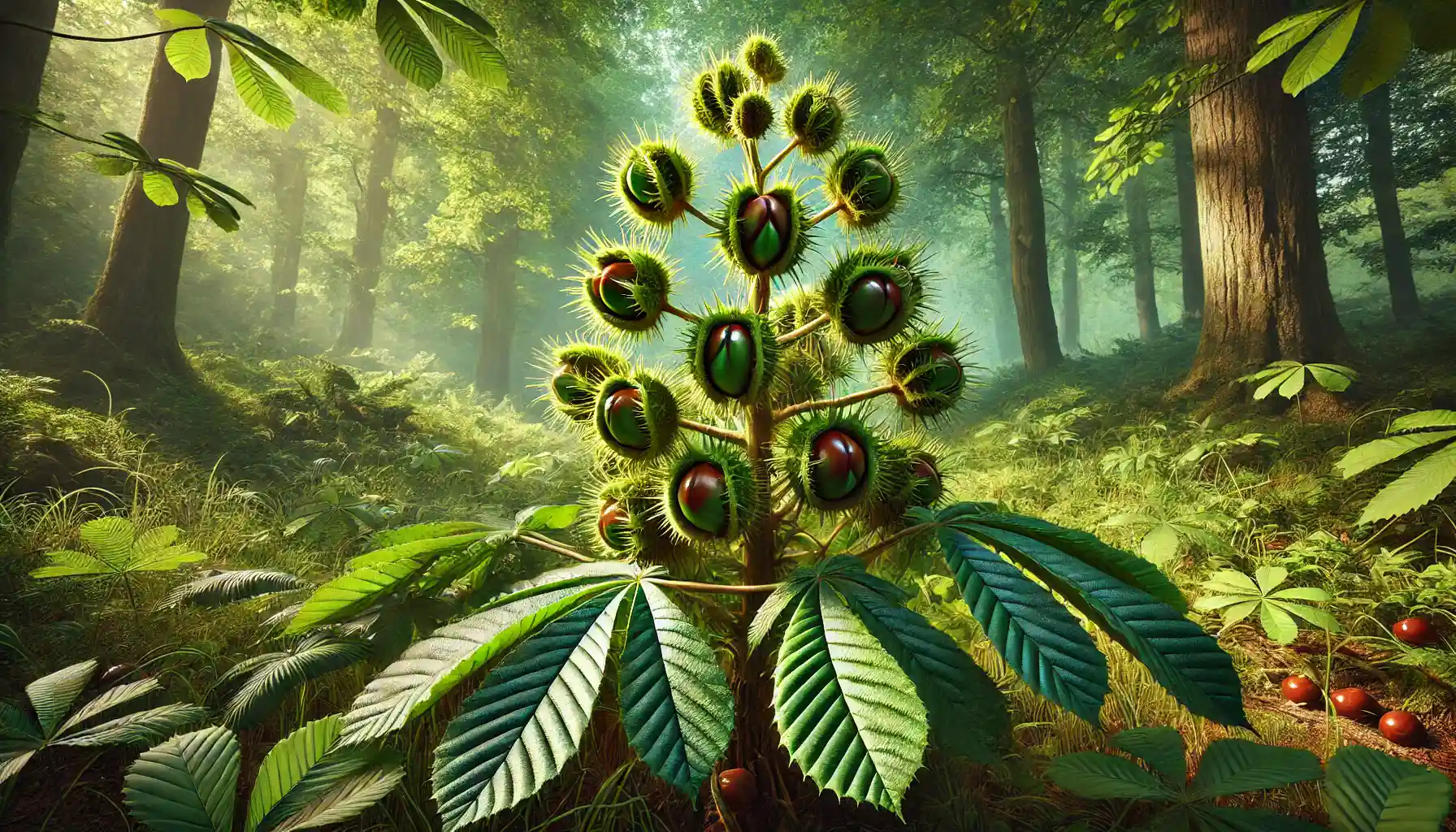 image of a horse chestnut plant with dark green palmate leaves and spiky seed pods revealing glossy brown chestnuts, set against a lush green forest background